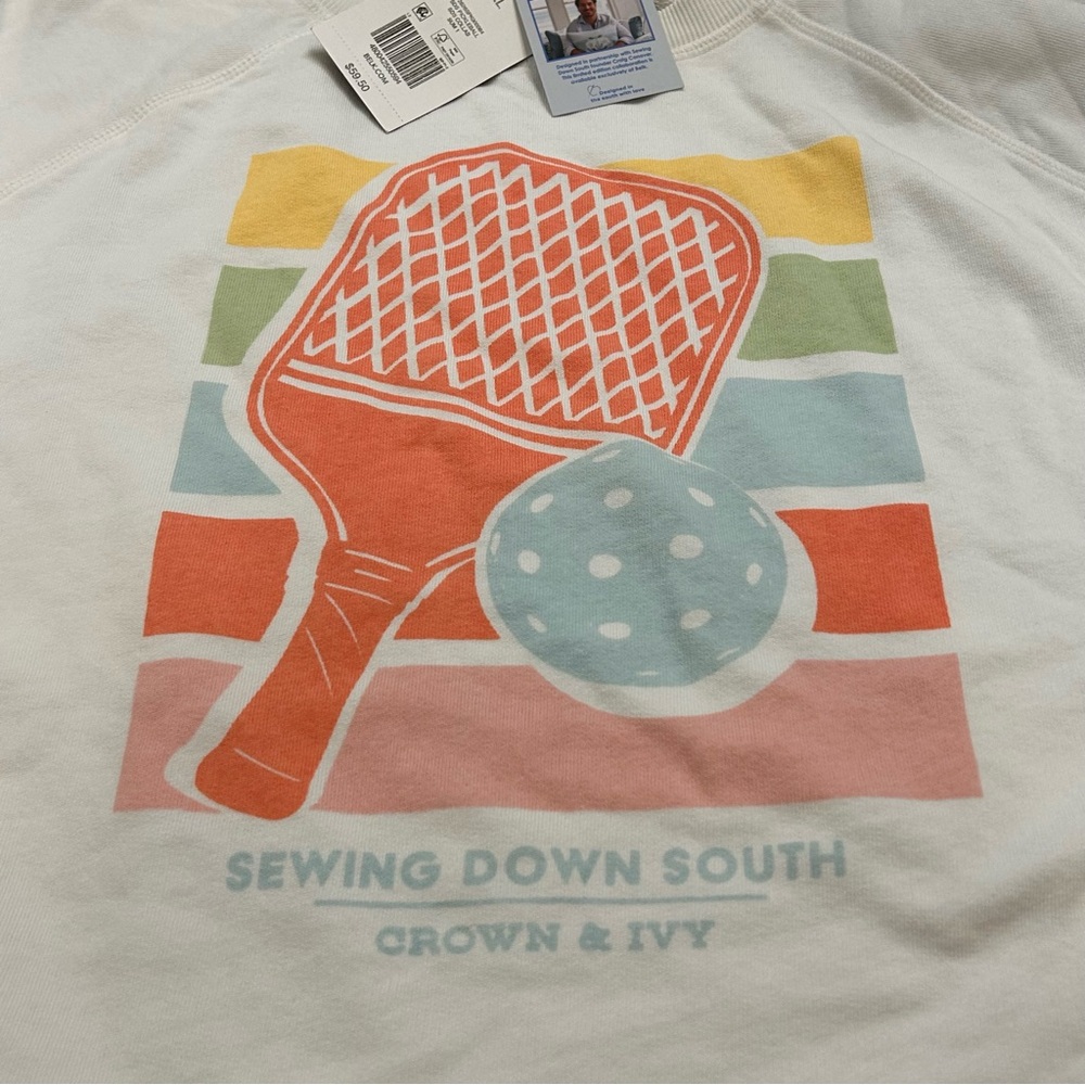 crown & ivy White Graphic Pickleball Sweatshirt with Coral, Teal & Yellow Print - Picture 11 of 13